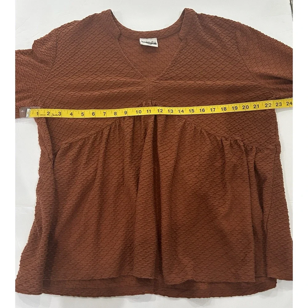 Y2K Babydoll Tunic Top Size XL Boho Peasant Puff Sleeve Burnt Orange Waffle Knit